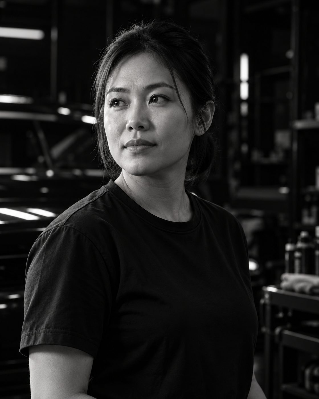 Black and white portrait of Tan Mei Ling, coating and PPF specialist, in the studio