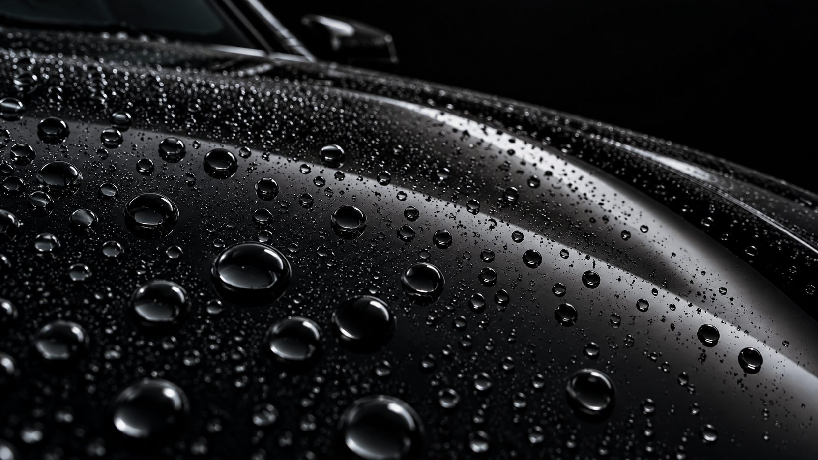 Water beading on a black ceramic-coated bonnet